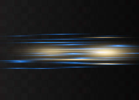 Blue horizontal lens flares pack. Laser beams, horizontal light rays.Beautiful light flares. Glowing streaks on dark background. Luminous abstract sparkling lined background.のイラスト素材