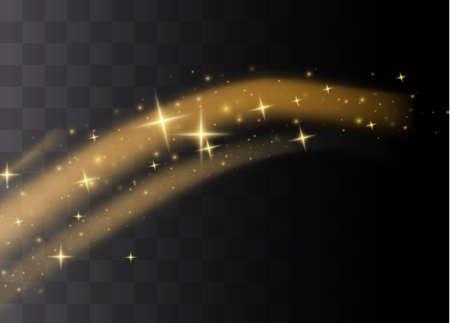 The dust sparks and golden stars shine with special light. Vector sparkles on a transparent background. Christmas light effect. Sparkling magical dust particles.のイラスト素材