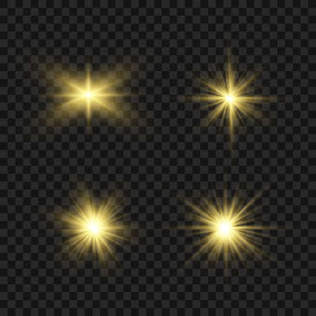 Yellow glowing light explodes on a transparent background. Sparkling magical dust particles. Bright Star. Transparent shining sun, bright flash. Vector sparkles. To center a bright flash.のイラスト素材
