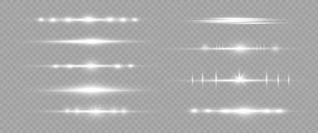 White horizontal lens flares pack. Laser beams, horizontal light rays. Beautiful light flares. Glowing streaks on light  background. Luminous abstract sparkling lined background.のイラスト素材