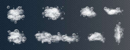 Beautiful foam and bubbles on a transparent background. Vector shave, foam mousse with bubbles top view template for your advertising design.のイラスト素材