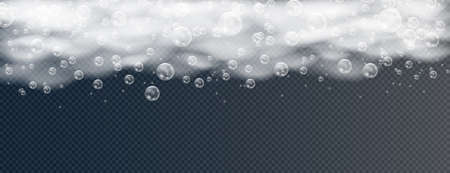Beautiful foam and bubbles on a transparent background. Vector shave, foam mousse with bubbles top...