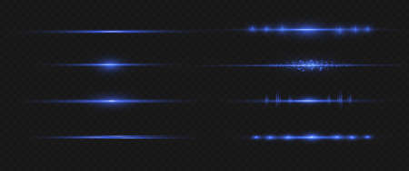 Blue horizontal lens flares pack. Laser beams, horizontal light rays.Beautiful light flares. Glowing streaks on dark background. Luminous abstract sparkling lined background.のイラスト素材
