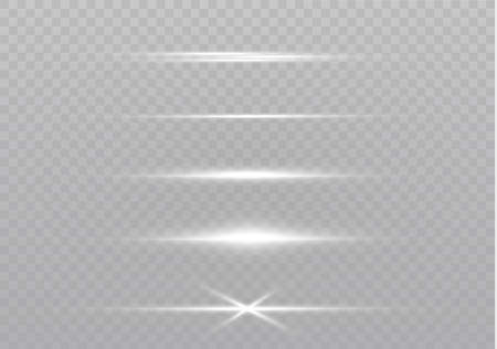 White horizontal lens flares pack. Laser beams, horizontal light rays. Beautiful light flares. Glowing streaks on light  background. Luminous abstract sparkling lined background.のイラスト素材