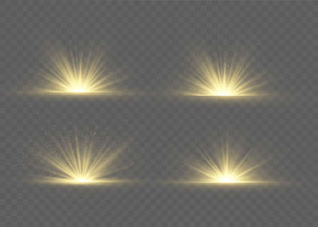 Light highlight yellow special effect with rays of light and magic sparkles. Sun Ray. Glow transparent vector light effect set, explosion, shine, spark, solar flare.のイラスト素材