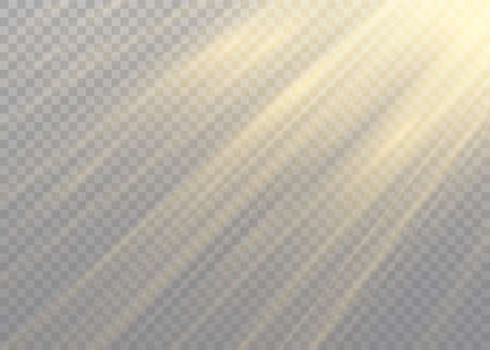 Vector transparent sunlight special lens flash light effect.front sun lens flash. Vector blur in the light of radiance. Element of decor. Horizontal stellar rays and searchlight.のイラスト素材