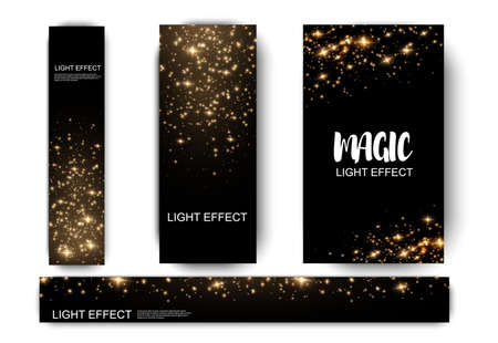 Banner with yellow dust. Light effect on beautiful banners. Dust effect. Dust particles flicker on a dark background. vector illustration. magic and magic.のイラスト素材