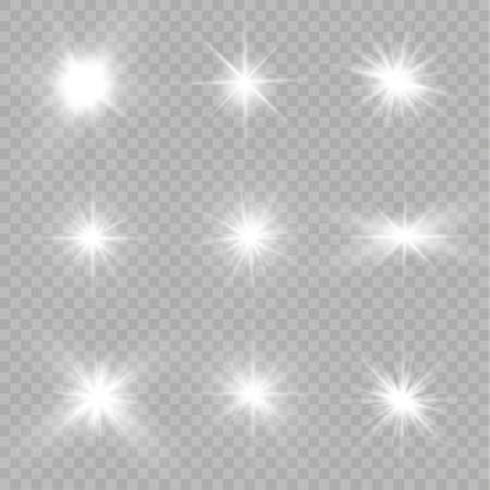 White glowing light explodes on a transparent background. Sparkling magical dust particles. Bright Star. Transparent shining sun, bright flash. Vector sparkles.のイラスト素材