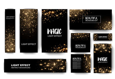 Banner with yellow dust. Light effect on beautiful banners. Dust effect. Dust particles flicker on a dark background. vector illustration. magic and magic.のイラスト素材