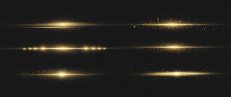 Yellow horizontal lens flares pack. Laser beams, horizontal light rays. Beautiful light flares. Glowing streaks on dark background. Luminous abstract sparkling lined background.のイラスト素材