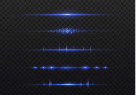 Blue horizontal lens flares pack. Laser beams, horizontal light rays.Beautiful light flares. Glowing streaks on dark background. Luminous abstract sparkling lined background.のイラスト素材