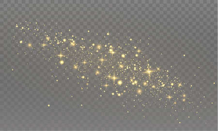 The dust sparks and golden stars shine with special light. Vector sparkles on a transparent background. Christmas light effect. Sparkling magical dust particles.のイラスト素材