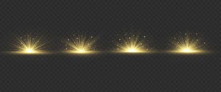 Light highlight yellow special effect with rays of light and magic sparkles. Sun Ray. Glow transparent vector light effect set, explosion, shine, spark, solar flare.のイラスト素材