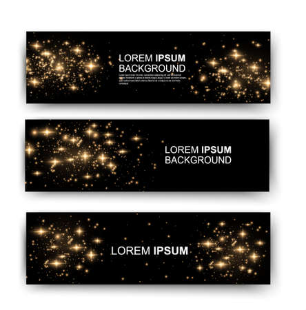 Banner with yellow dust. Light effect on beautiful banners. Dust effect. Dust particles flicker on a dark background. vector illustration. magic and magic.のイラスト素材