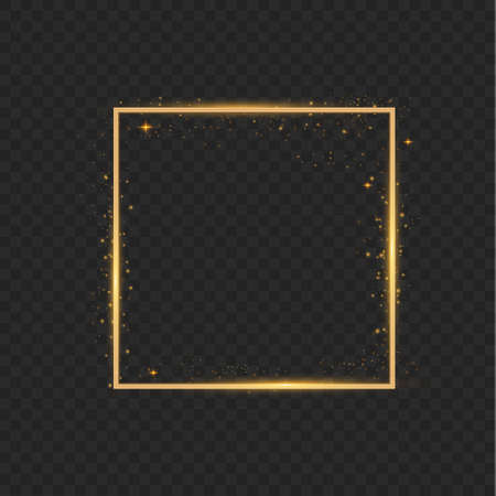 Golden shiny frames with dust isolated on a transparent background. Luxurious realistic borders. Vector illustration of a gold rim. golden gradient frames with light.のイラスト素材