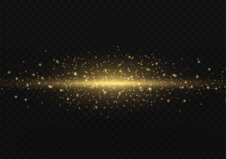 Yellow horizontal lens flares pack. Laser beams, horizontal light rays. Beautiful light flares. Glowing streaks on dark background. Luminous abstract sparkling lined background.のイラスト素材