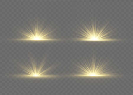 Light highlight yellow special effect with rays of light and magic sparkles. Sun Ray. Glow transparent vector light effect set, explosion, shine, spark, solar flare.のイラスト素材