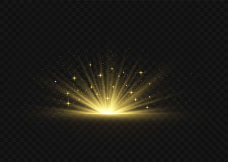 Light highlight yellow special effect with rays of light and magic sparkles. Sun Ray. Glow transparent vector light effect set, explosion, shine, spark, solar flare.のイラスト素材