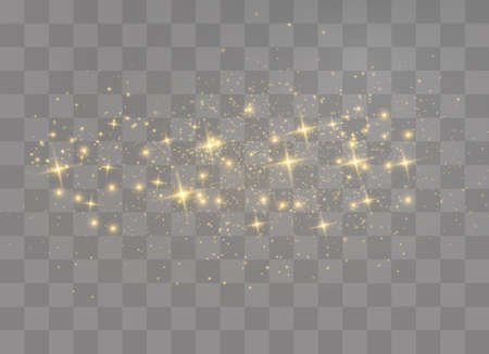 The dust sparks and golden stars shine with special light. Vector sparkles on a transparent background. Christmas light effect. Sparkling magical dust particles.のイラスト素材