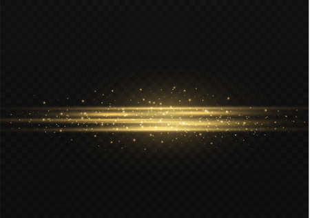 Yellow horizontal lens flares pack. Laser beams, horizontal light rays. Beautiful light flares. Glowing streaks on dark background. Luminous abstract sparkling lined background.のイラスト素材