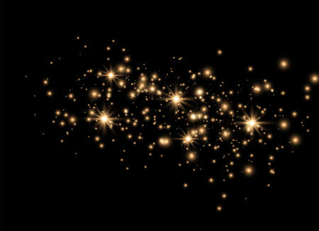 The dust sparks and golden stars shine with special light. Vector sparkles on a transparent background. Christmas light effect. Sparkling magical dust particles.のイラスト素材