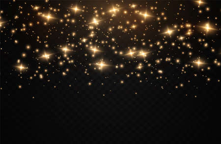 The dust sparks and golden stars shine with special light. Vector sparkles on a transparent background. Christmas light effect. Sparkling magical dust particles.のイラスト素材