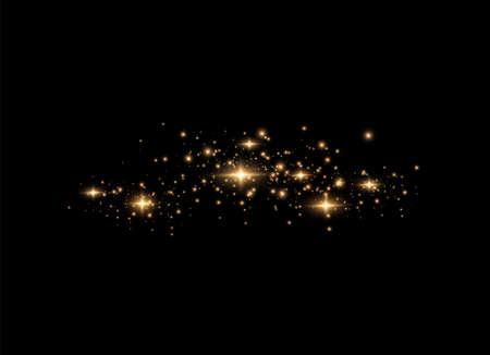 The dust sparks and golden stars shine with special light. Vector sparkles on a transparent background. Christmas light effect. Sparkling magical dust particles.のイラスト素材