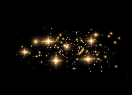 The dust sparks and golden stars shine with special light. Vector sparkles on a transparent background. Christmas light effect. Sparkling magical dust particles.のイラスト素材