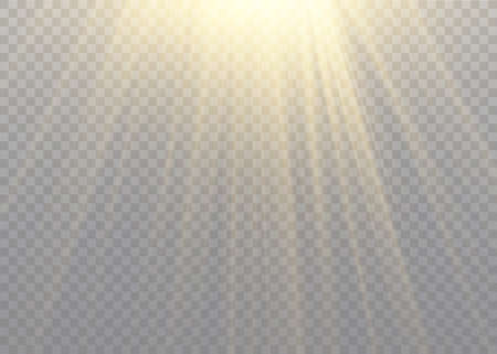 Vector transparent sunlight special lens flash light effect.front sun lens flash. Vector blur in the light of radiance. Element of decor. Horizontal stellar rays and searchlight.のイラスト素材