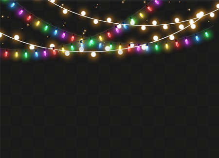 Christmas lights isolated on transparent background. Xmas glowing garland. Vector illustrationのイラスト素材