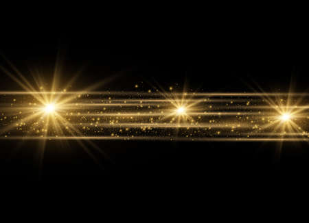 yellow horizontal lens flares pack. Laser beams, horizontal light rays.Beautiful light flares. Glowing streaks on dark background. Luminous abstract sparkling lined background.のイラスト素材