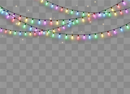 Christmas lights isolated on transparent background. Xmas glowing garland. Vector illustrationのイラスト素材