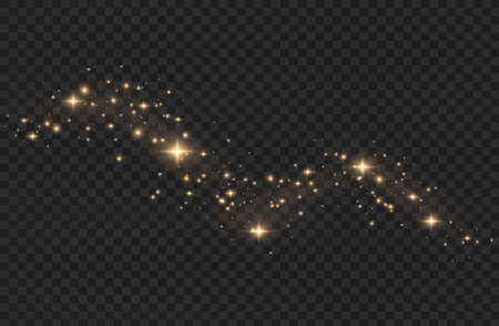 The dust sparks and golden stars shine with special light. Sparkles on a transparent background. Christmas light effect.のイラスト素材