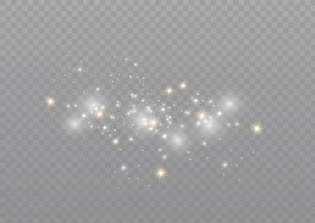 The white dust sparks and golden stars shine with special light. Vector sparkles on a transparent background.  Sparkling magical dust particles.のイラスト素材