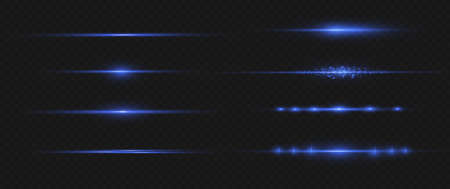 Blue horizontal lens flares pack. Laser beams, horizontal light rays.Beautiful light flares. Glowing streaks on dark background. Luminous abstract sparkling lined background.のイラスト素材