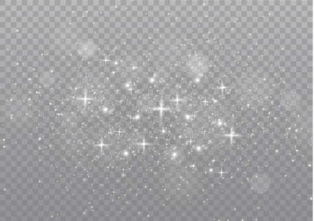 The white dust sparks and golden stars shine with special light. Vector sparkles on a transparent background.  Sparkling magical dust particles.のイラスト素材