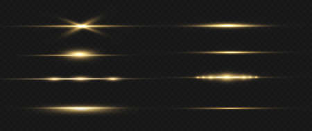 Yellow horizontal lens flares pack. Laser beams, horizontal light rays. Beautiful light flares. Glowing streaks on dark background. Luminous abstract sparkling lined background.のイラスト素材