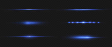 Blue horizontal lens flares pack. Laser beams, horizontal light rays.Beautiful light flares. Glowing streaks on dark background. Luminous abstract sparkling lined background.のイラスト素材