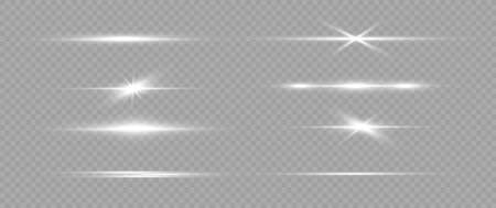 White horizontal lens flares pack. Laser beams, horizontal light rays. Beautiful light flares. Glowing streaks on light  background. Luminous abstract sparkling lined background.のイラスト素材