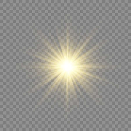 Yellow glowing light explodes on a transparent background. Sparkling magical dust particles. Bright Star. Transparent shining sun, bright flash. Vector sparkles. To center a bright flash.のイラスト素材