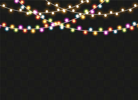 Christmas lights isolated on transparent background. Xmas glowing garland. Vector illustrationのイラスト素材