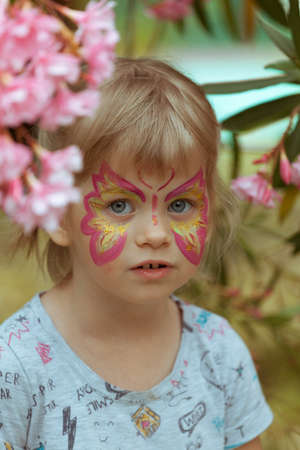 Makeup on the face of the child. Butterfly for the holidayの写真素材