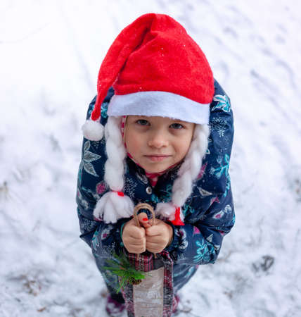 Girl looking like a gnome holding a christmas presentの写真素材