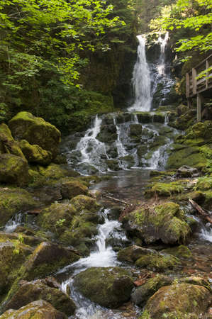 Waterfall surrounded by large moss covered blouders, located in the Bay of Fundy area of the New Brunswickの写真素材