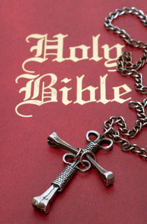 Selective focus on the center of a unique nail cross resting on a red leather bible. 