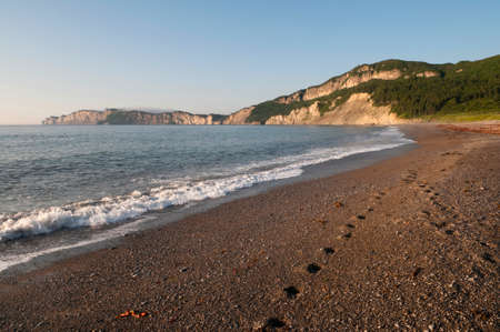 Footprints on the beach at Gaspe Quebec, shoe early in the morningの写真素材