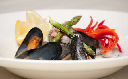 Modern dish of fish, shellfish and vegetables with shallow focus on shell, prawn and asparagus.