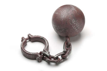 Metallic ball and chain isolated on white with copy space