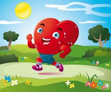 a stylized heart runs happily in the green fieldsのイラスト素材
