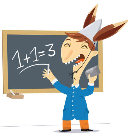 illustration of a child with a hat with ears of a donkey makes a math wrong.のイラスト素材
